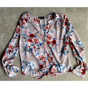 Anthropologie Blush Pink Floral Button-Front Blouse with Red & Blue Accents